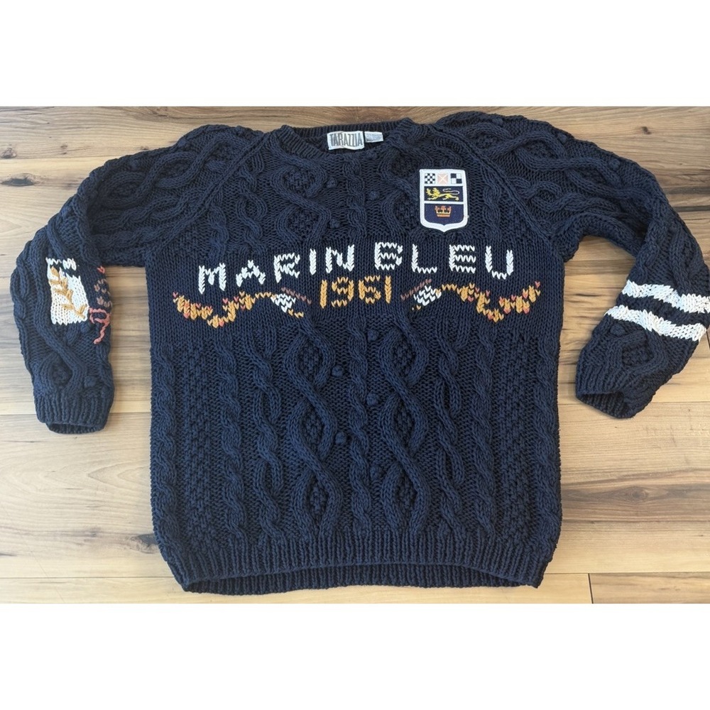 Vtg Tarazzia Marin Bleu 1961 Cable Knit Sweater Navy Ramie L Fisherman Coastal